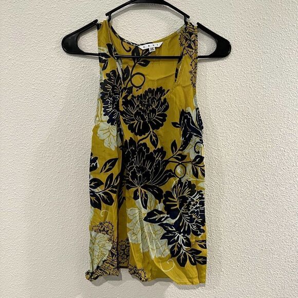CAbi Style 286 Bali Yellow Floral Print Silk Tank Top Blouse Size XS - Picture 2 of 5